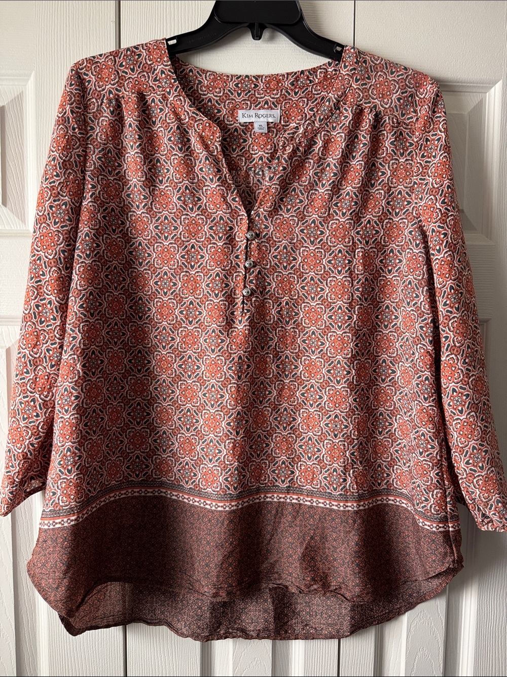 Kim Rogers Coral and Ivory Patterned Long-Sleeve Blouse